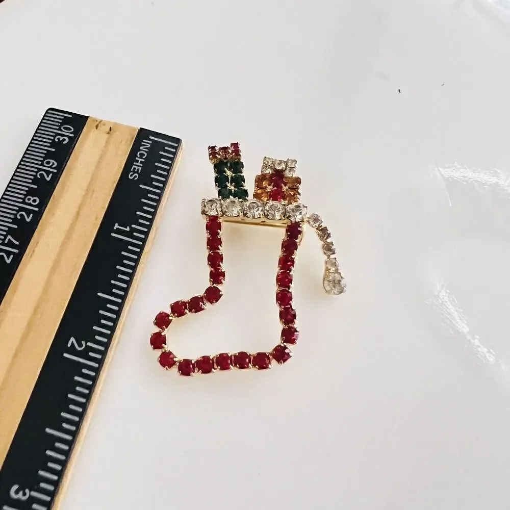 Vintage Christmas Brooch Holiday Stocking Prongs Rhinestones Gifts Boxes 1372